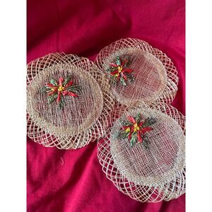 Vintage 3 Rattan Straw Lace Coasters, Flowers, Boho CottageCore Grandma Core